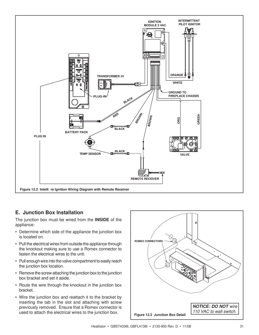 Hearth and Home Technologies GBST4336I, GBFL4136I owner manual Junction Box Installation, Junction Box Detail 