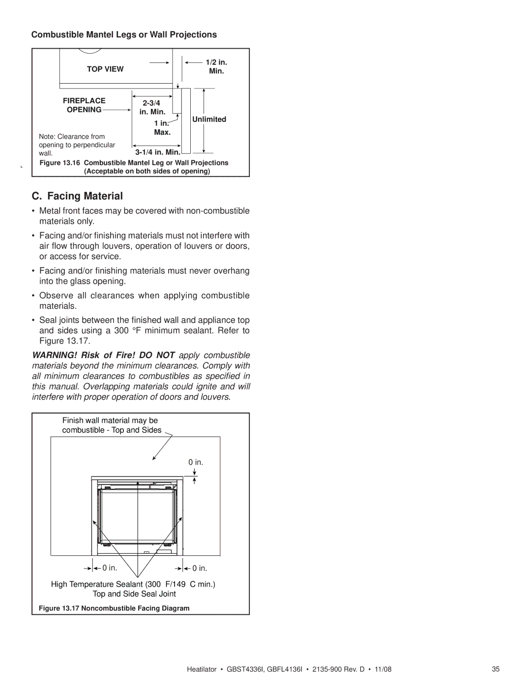 Hearth and Home Technologies GBST4336I, GBFL4136I owner manual Facing Material, Noncombustible Facing Diagram 