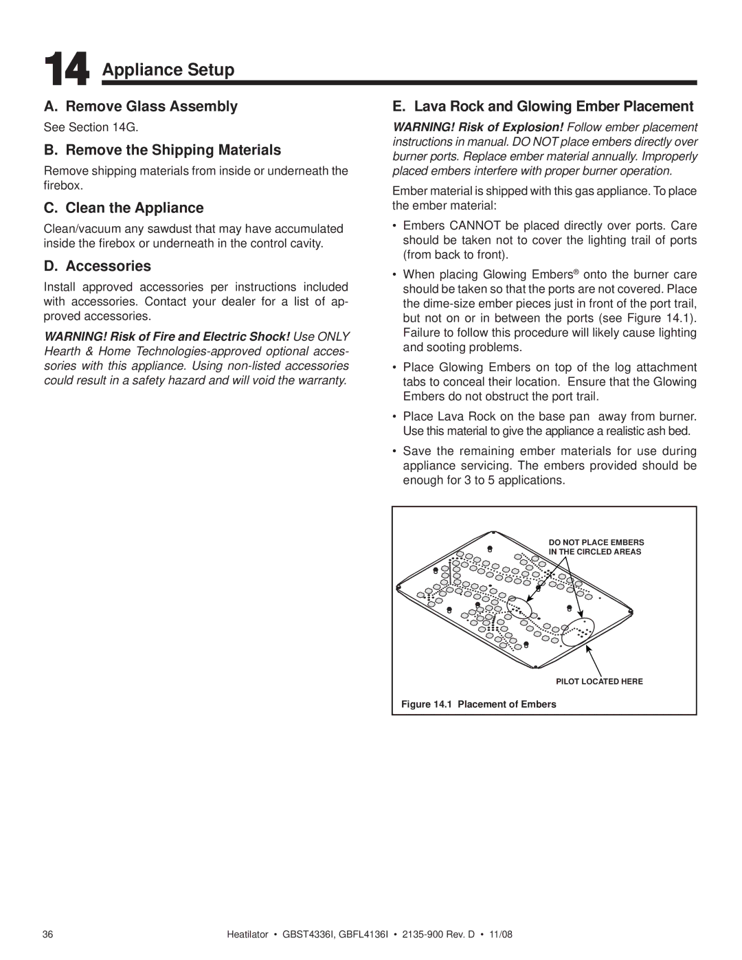 Hearth and Home Technologies GBFL4136I, GBST4336I owner manual Appliance Setup 