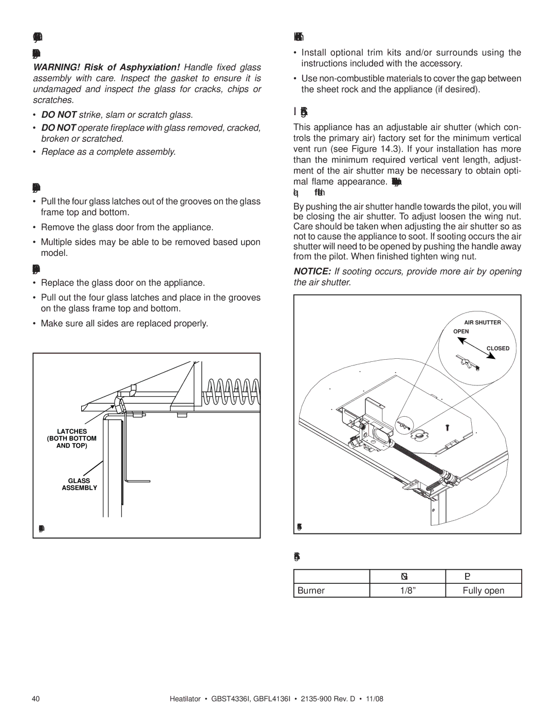 Hearth and Home Technologies GBFL4136I, GBST4336I owner manual Install Trim Kits and Surrounds, Air Shutter Settings 