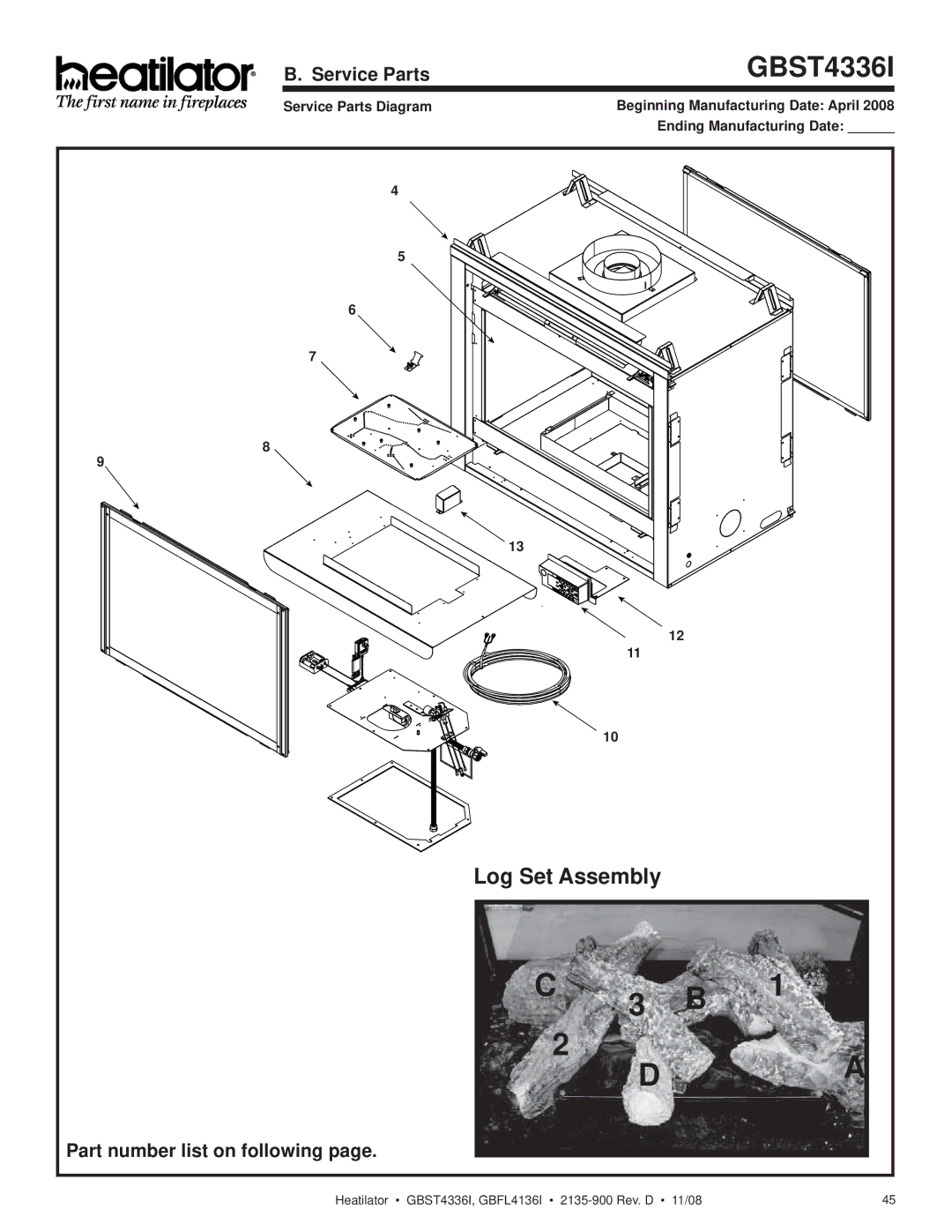 Hearth and Home Technologies GBST4336I, GBFL4136I Log Set Assembly, Service Parts, Part number list on following 