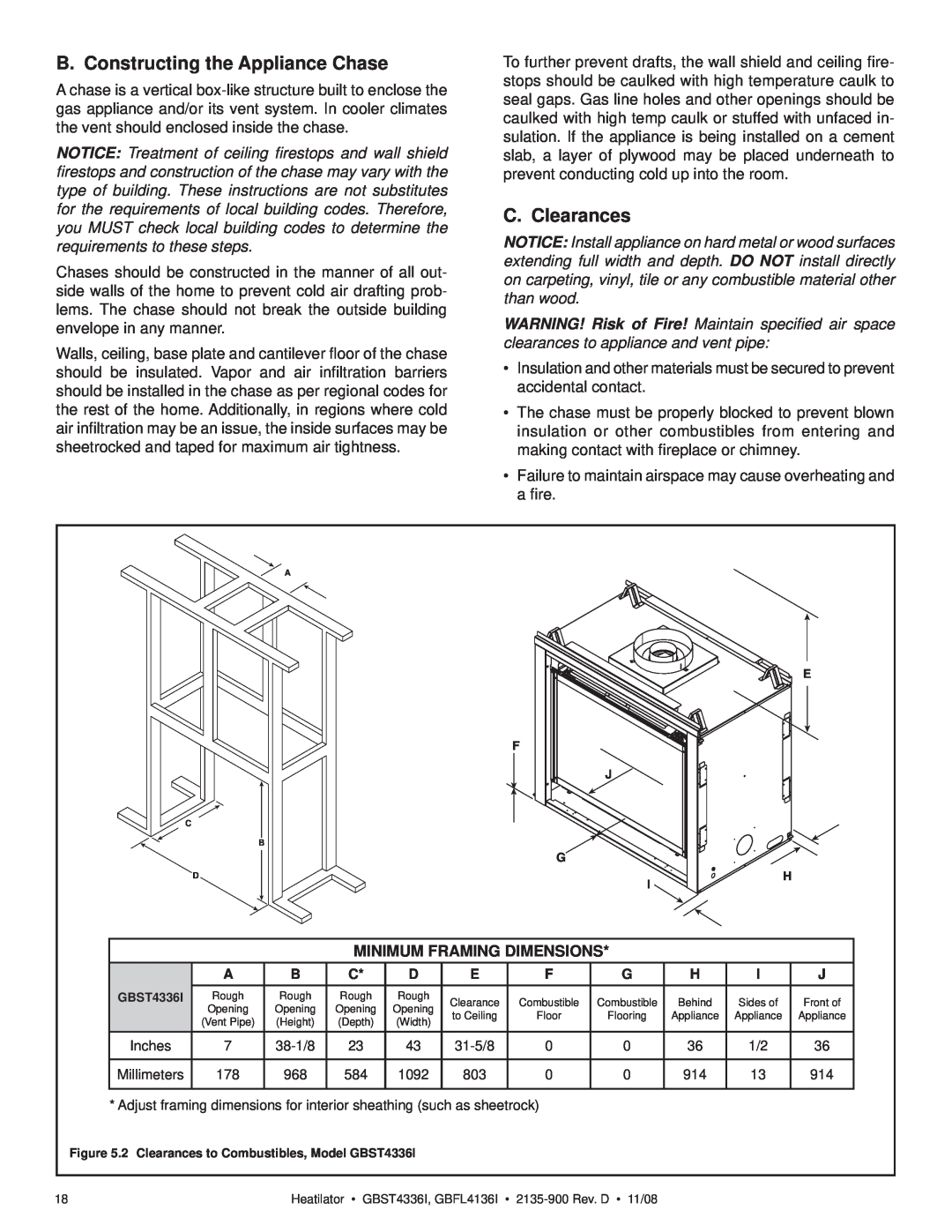 Hearth and Home Technologies GBFL4136I B. Constructing the Appliance Chase, C. Clearances, Minimum Framing Dimensions 