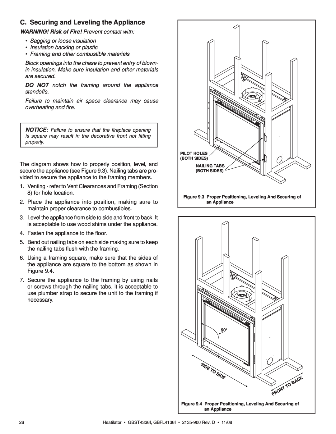 Hearth and Home Technologies GBFL4136I C. Securing and Leveling the Appliance, WARNING! Risk of Fire! Prevent contact with 