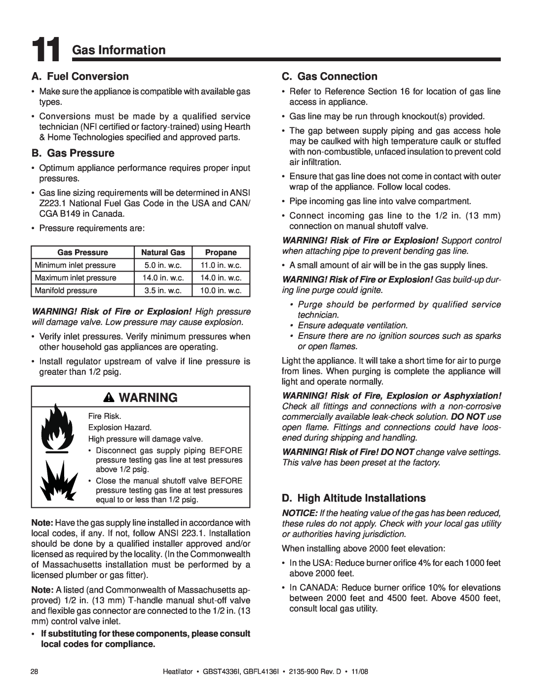 Hearth and Home Technologies GBFL4136I, GBST4336I Gas Information, A. Fuel Conversion, B. Gas Pressure, C. Gas Connection 