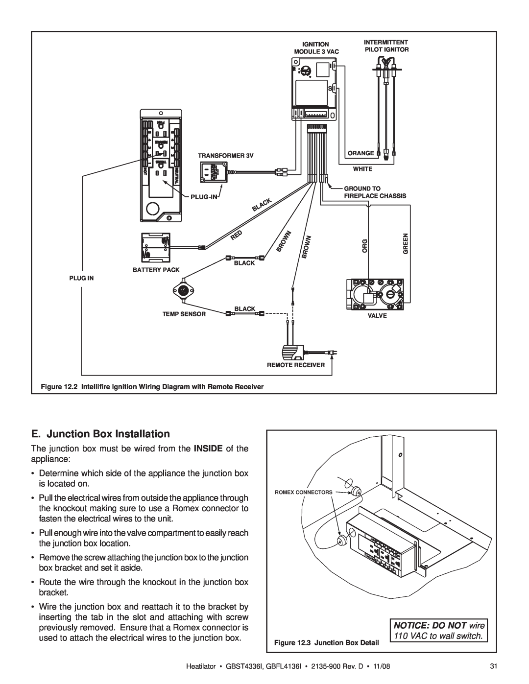 Hearth and Home Technologies GBST4336I, GBFL4136I E. Junction Box Installation, NOTICE DO NOT wire, VAC to wall switch 