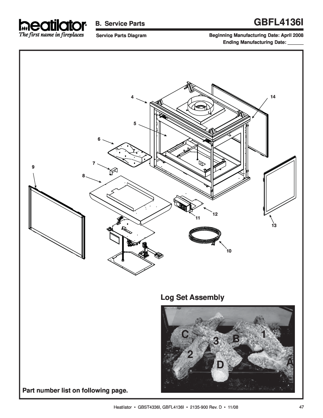Hearth and Home Technologies GBST4336I GBFL4136I, C 3 B, Log Set Assembly, B. Service Parts, Service Parts Diagram 