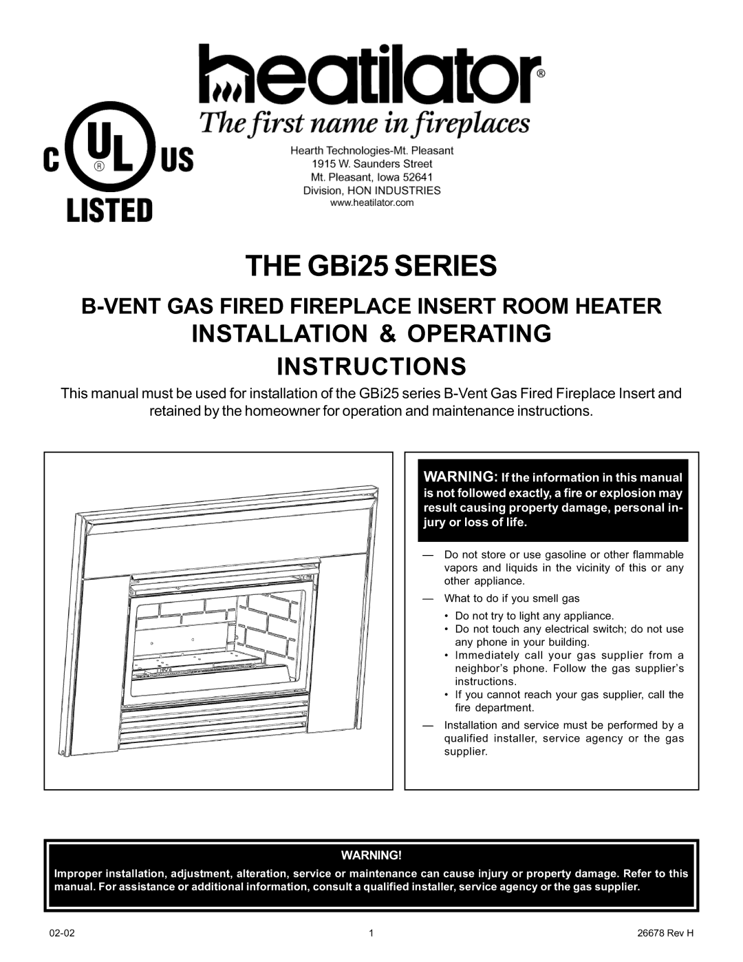 Hearth and Home Technologies GBI25 operating instructions GBi25 Series, Vent GAS Fired Fireplace Insert Room Heater 