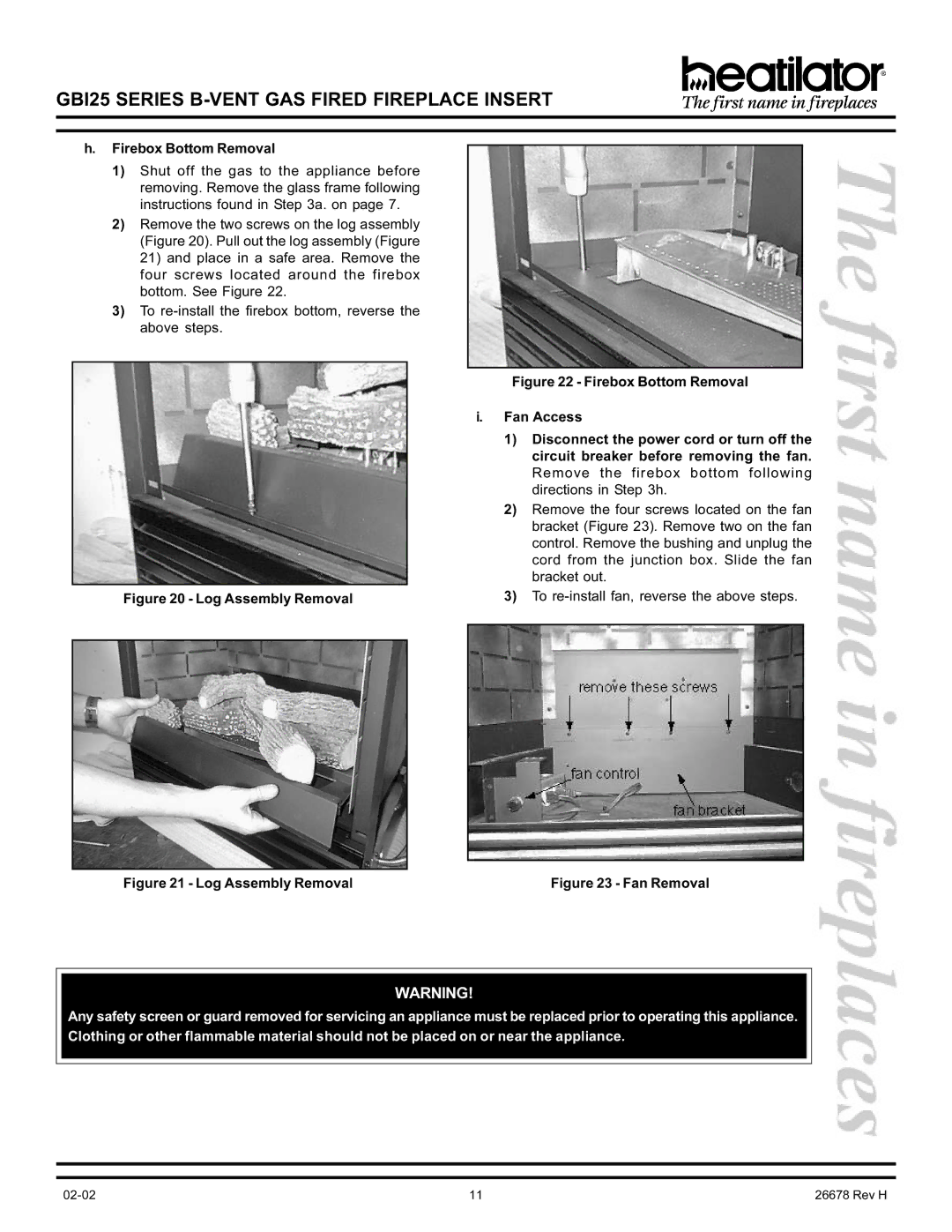 Hearth and Home Technologies GBI25 operating instructions Firebox Bottom Removal, Log Assembly Removal 