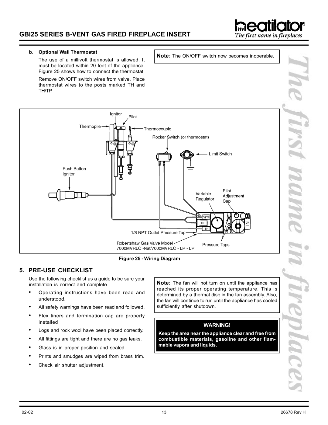 Hearth and Home Technologies GBI25 operating instructions PRE-USE Checklist, Optional Wall Thermostat 