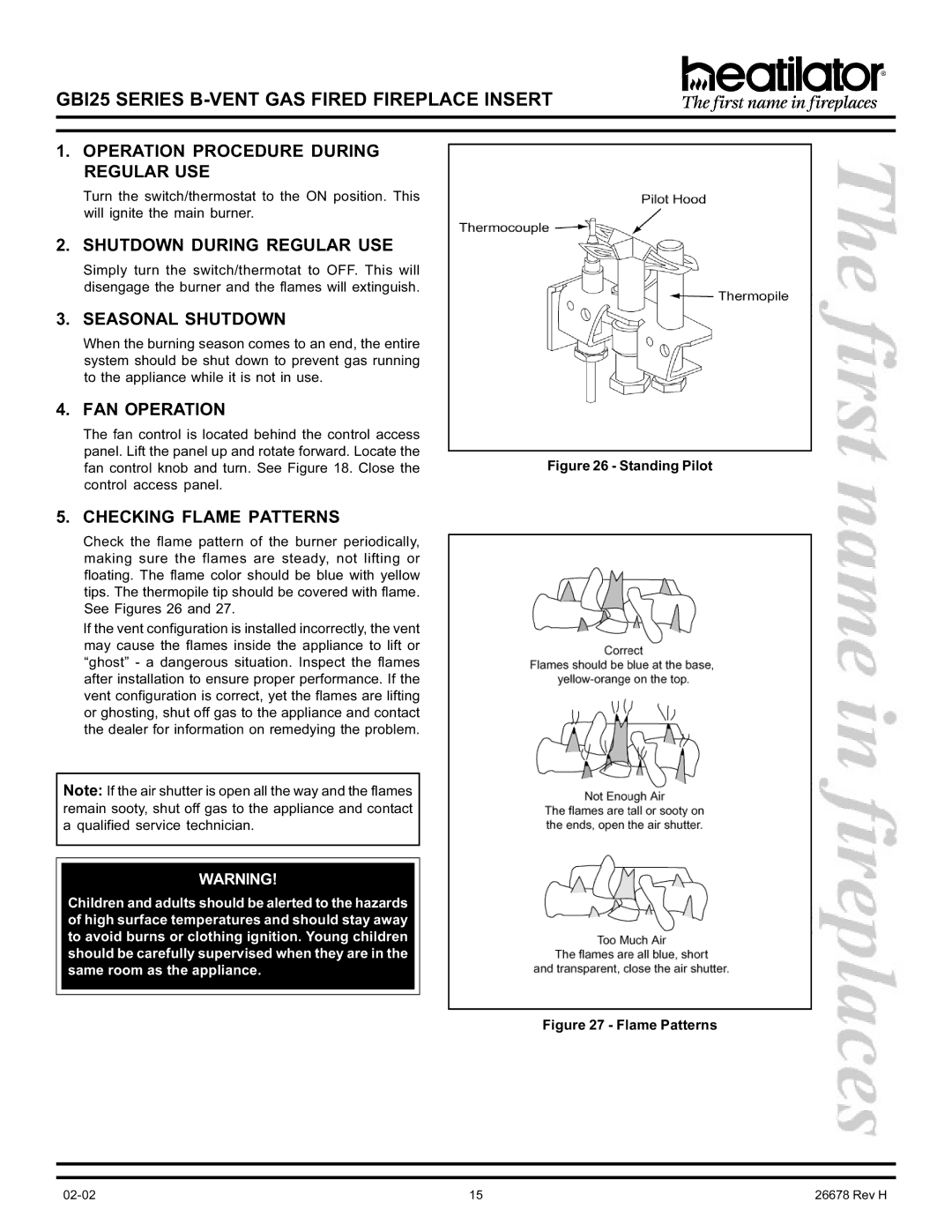 Hearth and Home Technologies GBI25 Operation Procedure During Regular USE, Shutdown During Regular USE, Seasonal Shutdown 