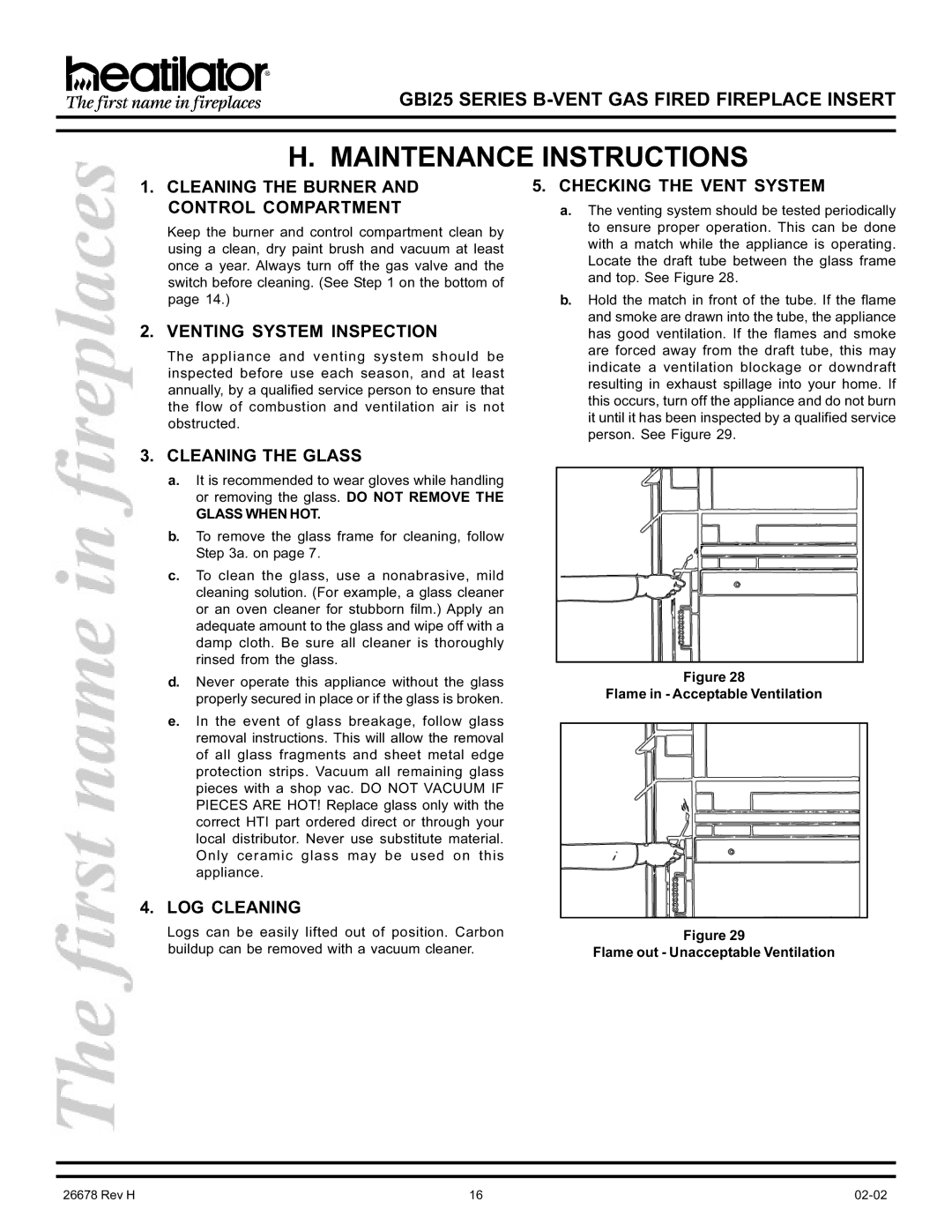 Hearth and Home Technologies GBI25 operating instructions Maintenance Instructions 