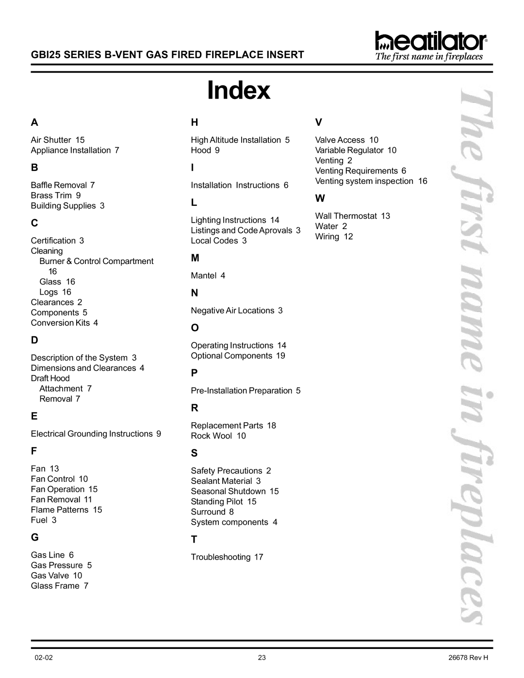 Hearth and Home Technologies GBI25 operating instructions Index 