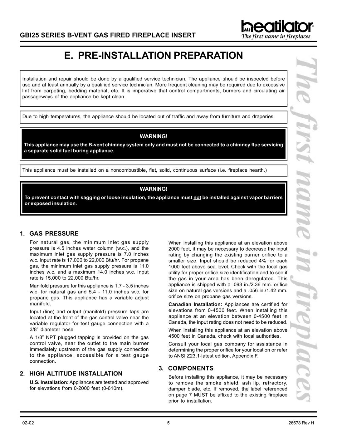 Hearth and Home Technologies GBI25 PRE-INSTALLATION Preparation, GAS Pressure, High Altitude Installation, Components 