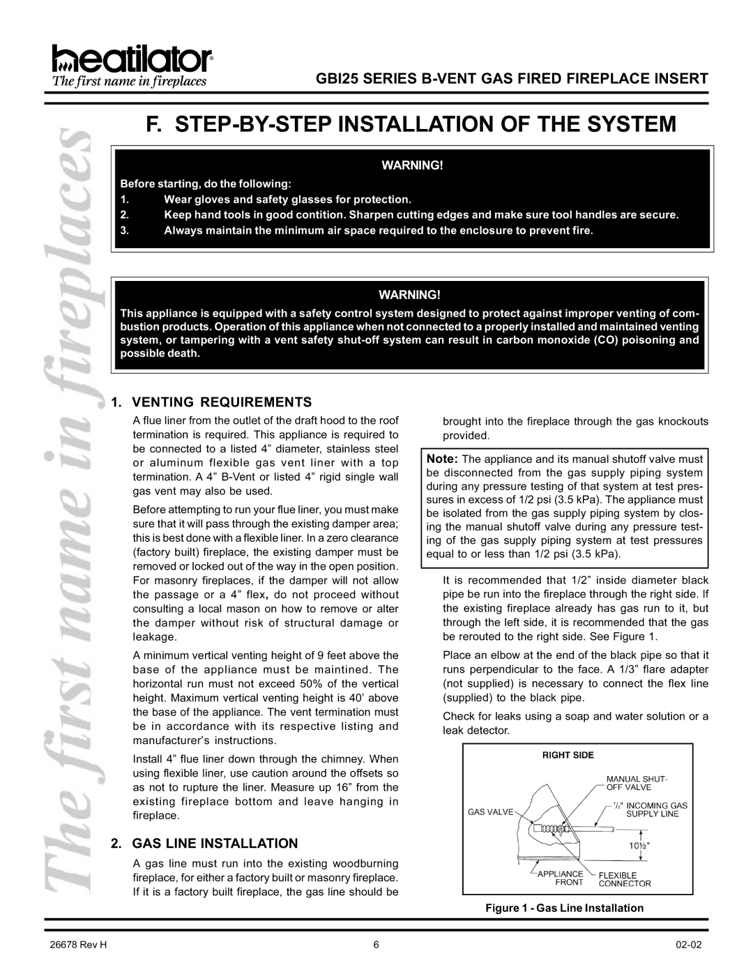 Hearth and Home Technologies GBI25 STEP-BY-STEP Installation of the System, Venting Requirements, GAS Line Installation 