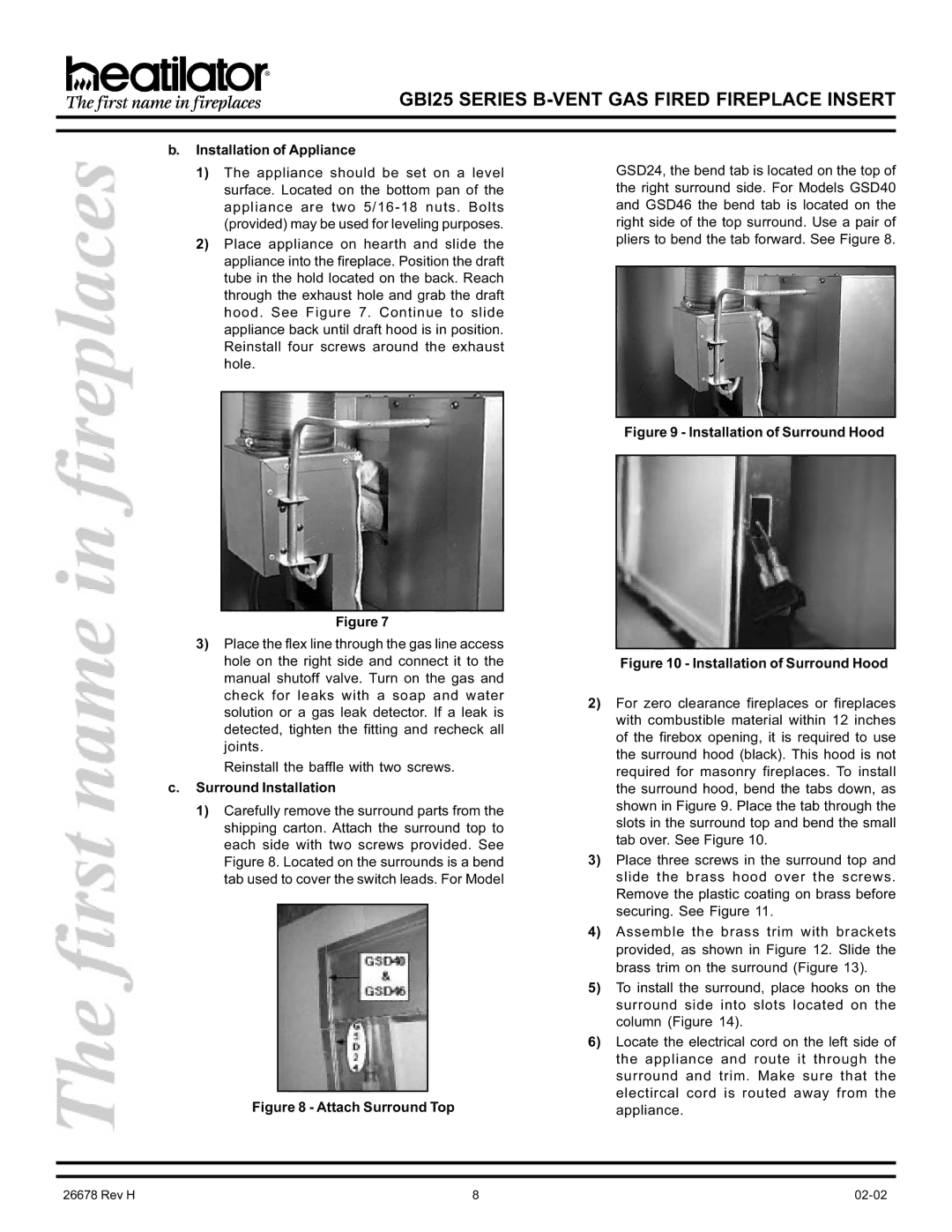 Hearth and Home Technologies GBI25 operating instructions Installation of Appliance, Surround Installation 