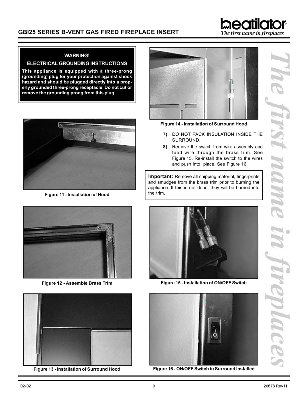 Hearth and Home Technologies GBI25 operating instructions Electrical Grounding Instructions 