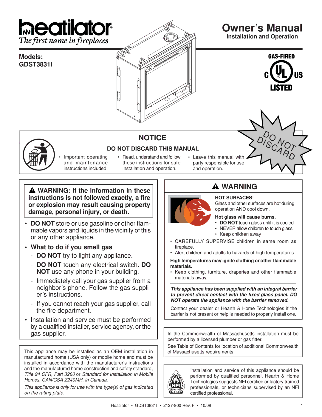 Hearth and Home Technologies GDST3831I owner manual Models, What to do if you smell gas, Do Discardnot, HOT Surfaces 