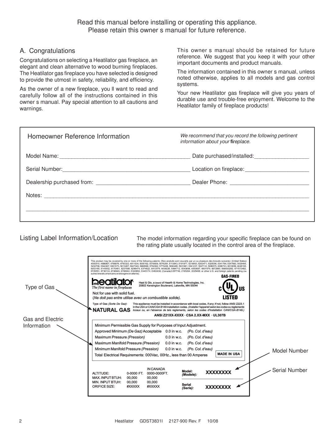 Hearth and Home Technologies GDST3831I owner manual Congratulations, Homeowner Reference Information, Xxxxxxxx 