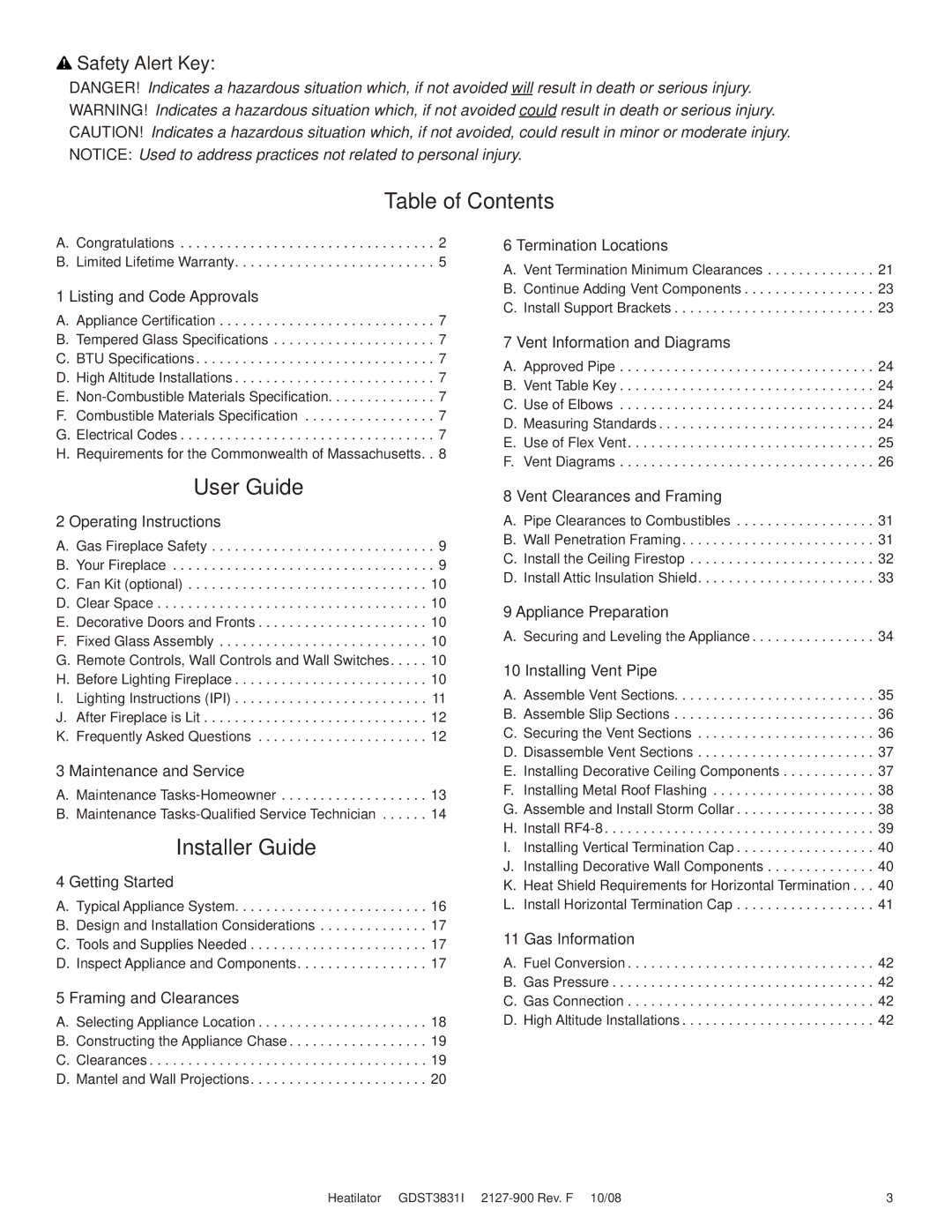 Hearth and Home Technologies GDST3831I owner manual Table of Contents, User Guide 