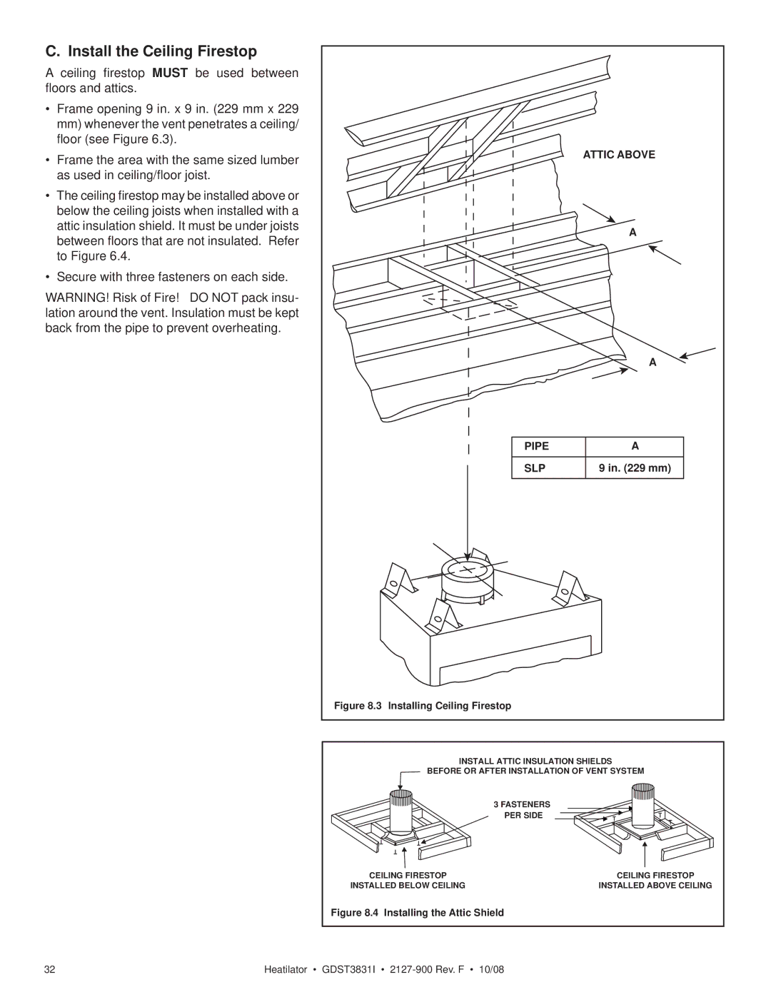 Hearth and Home Technologies GDST3831I owner manual Install the Ceiling Firestop, Pipe SLP 