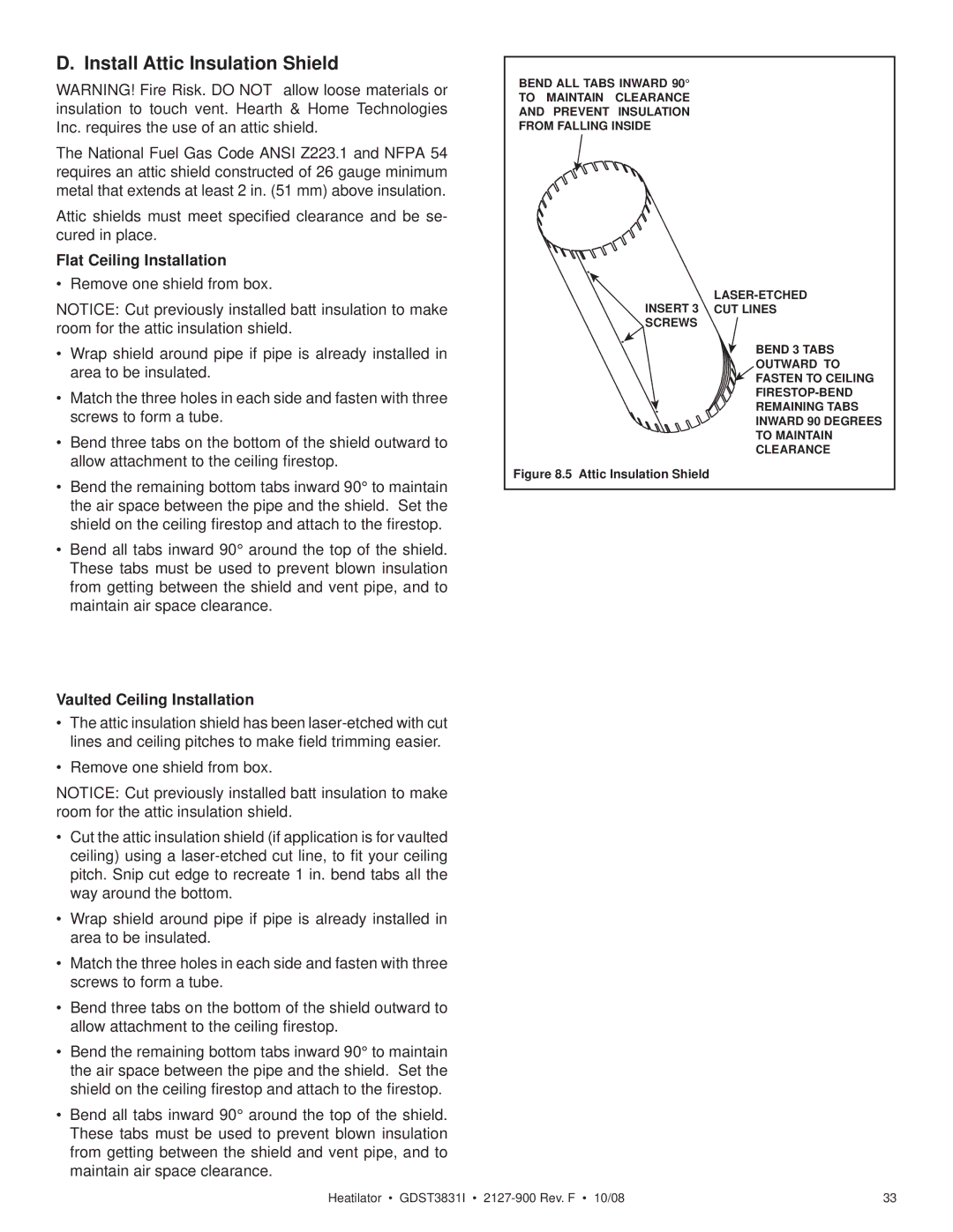 Hearth and Home Technologies GDST3831I owner manual Install Attic Insulation Shield, Flat Ceiling Installation 