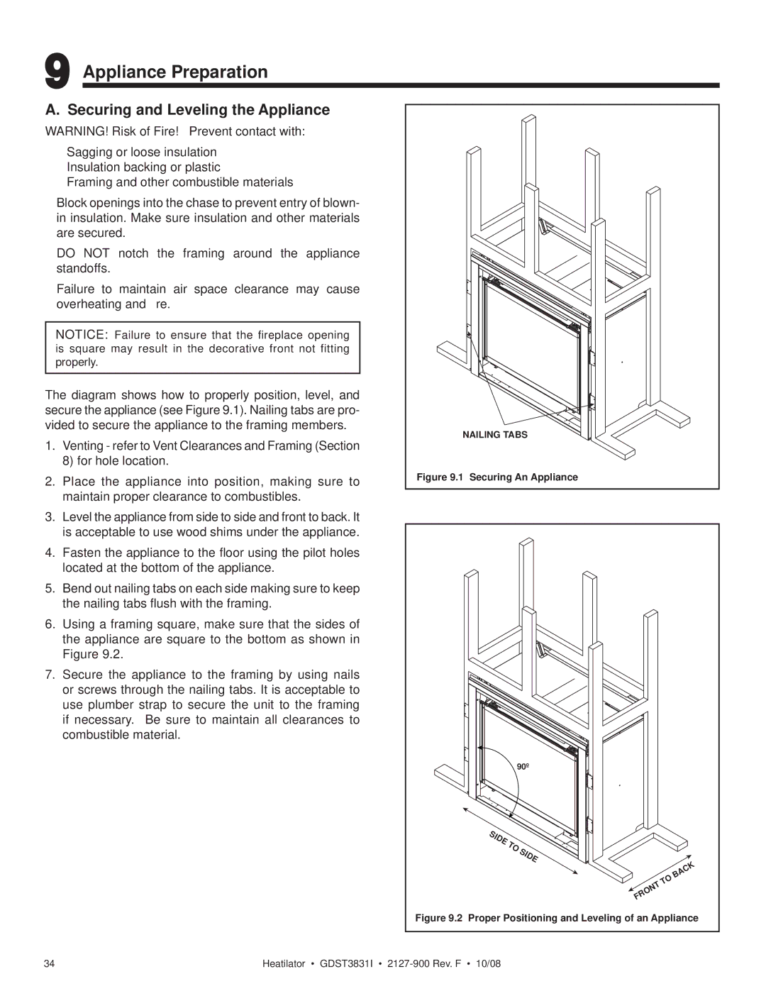 Hearth and Home Technologies GDST3831I owner manual Appliance Preparation, Securing and Leveling the Appliance 