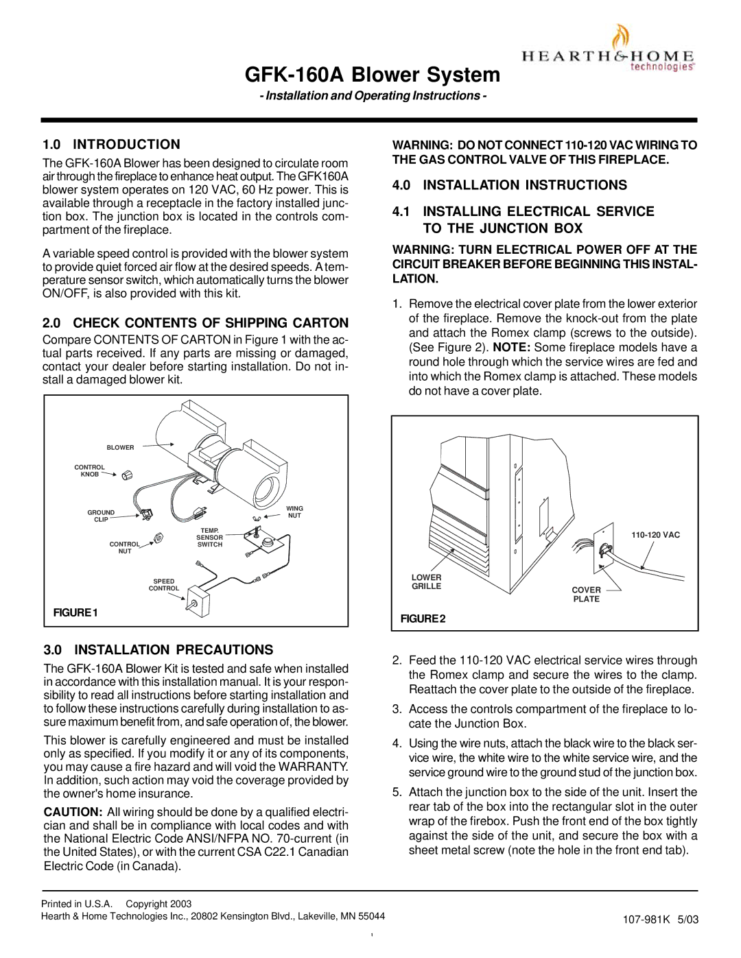 Hearth and Home Technologies GFK-160A installation instructions Introduction, Check Contents of Shipping Carton 