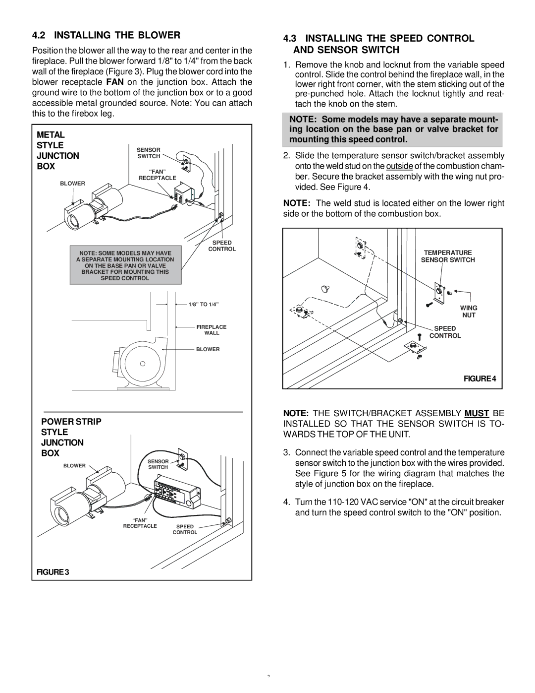 Hearth and Home Technologies GFK-160A Installing the Blower, Installing the Speed Control and Sensor Switch, Metal Style 