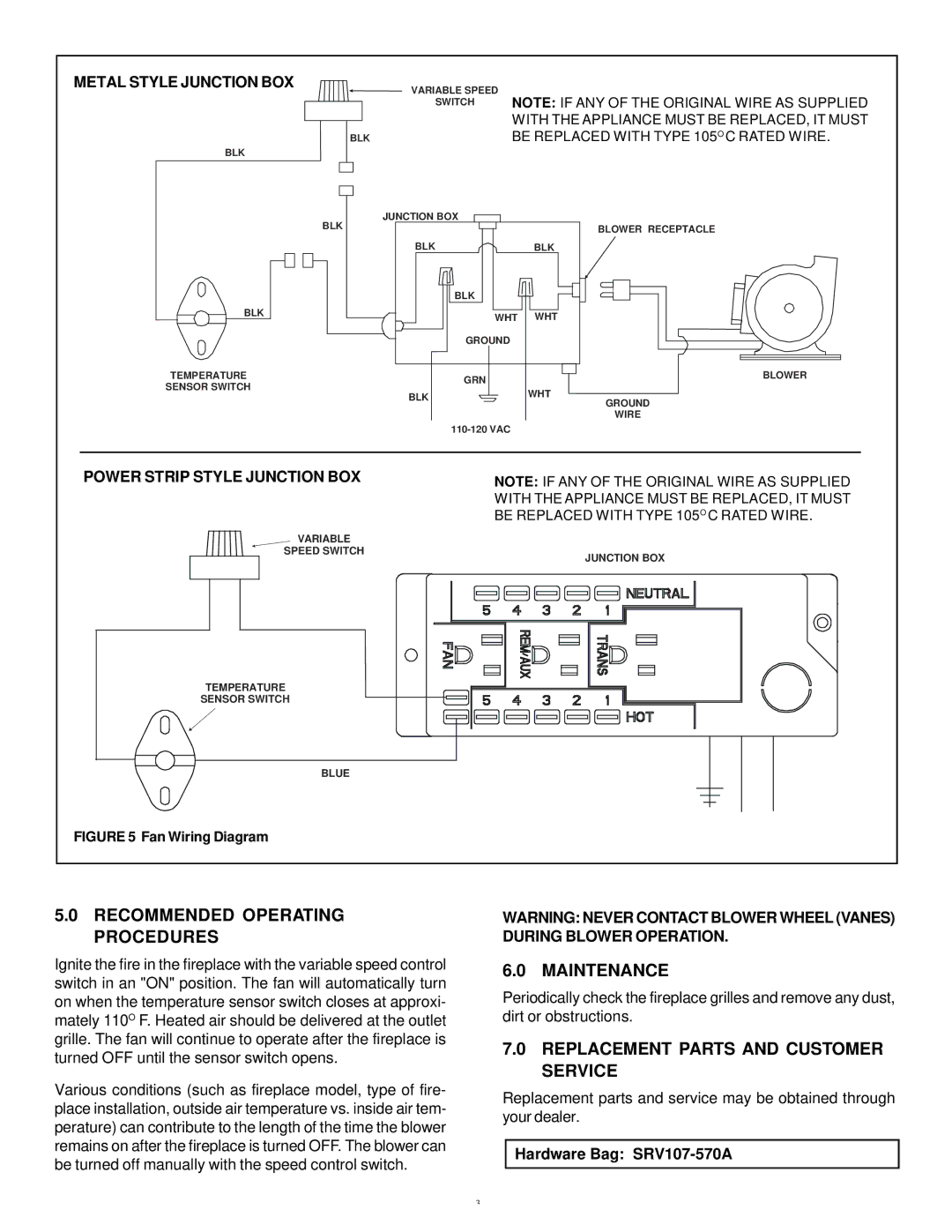 Hearth and Home Technologies GFK-160A Recommended Operating Procedures, Maintenance, Metal Style Junction BOX 