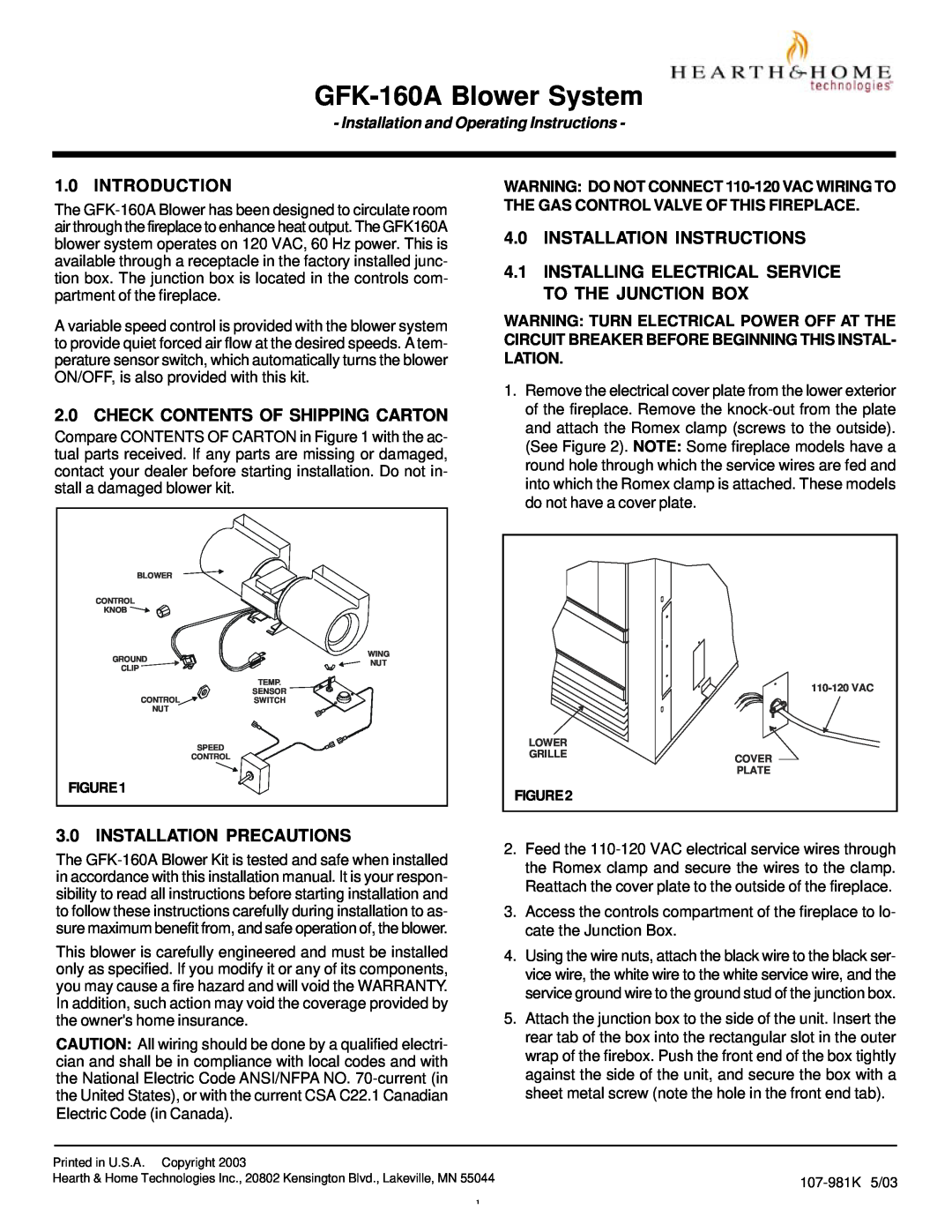 Hearth and Home Technologies GFK-160A installation instructions Introduction, Check Contents Of Shipping Carton 