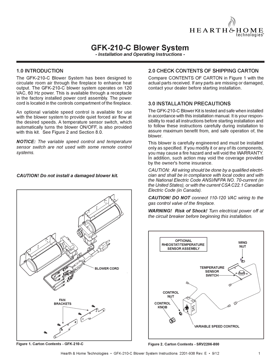 Hearth and Home Technologies GFK-210-C installation manual Introduction, Check Contents of Shipping Carton 