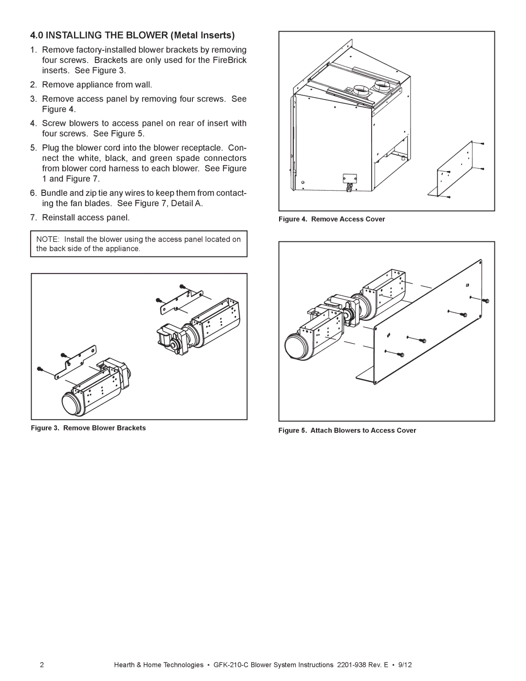 Hearth and Home Technologies GFK-210-C installation manual Installing the Blower Metal Inserts, Remove Blower Brackets 