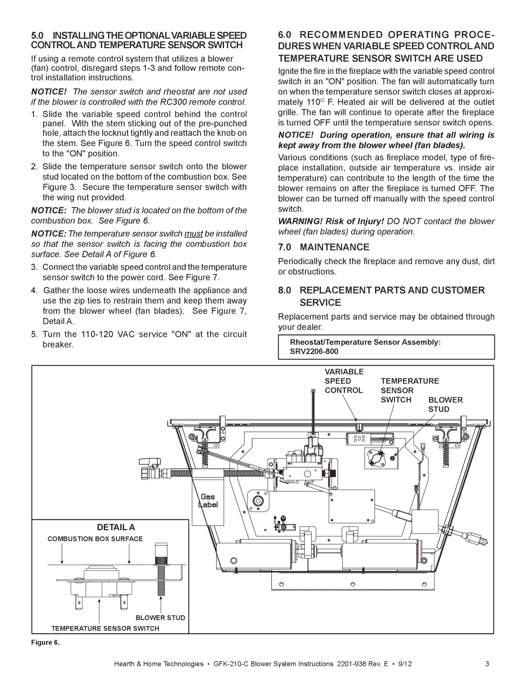 Hearth and Home Technologies GFK-210-C installation manual Maintenance, Replacement Parts and Customer Service, Detail a 