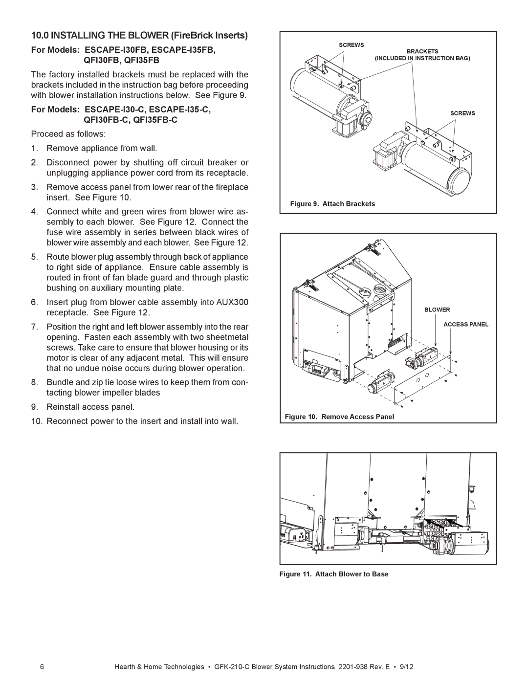 Hearth and Home Technologies GFK-210-C installation manual Installing the Blower FireBrick Inserts, QFI30FB, QFI35FB 