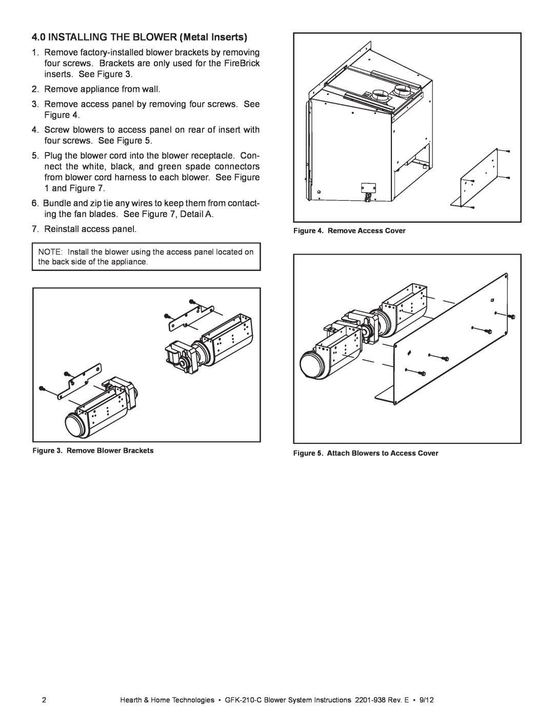Hearth and Home Technologies GFK-210-C installation manual INSTALLING THE BLOWER Metal Inserts 