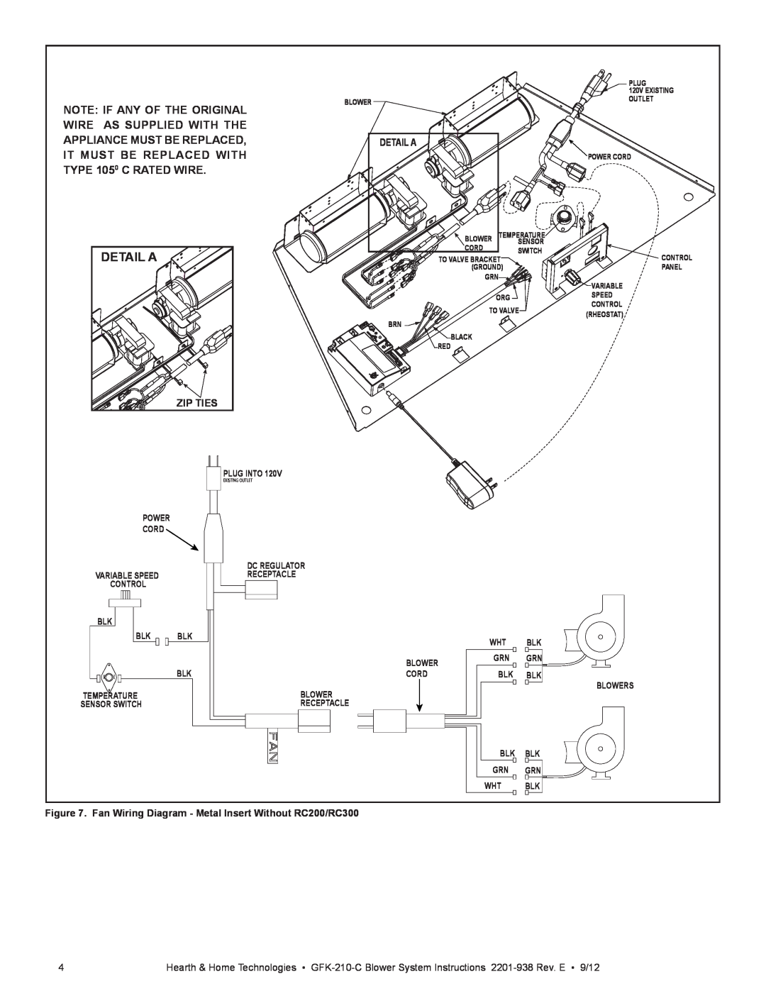 Hearth and Home Technologies GFK-210-C Detail A, Zip Ties, Fan Wiring Diagram - Metal Insert Without RC200/RC300 