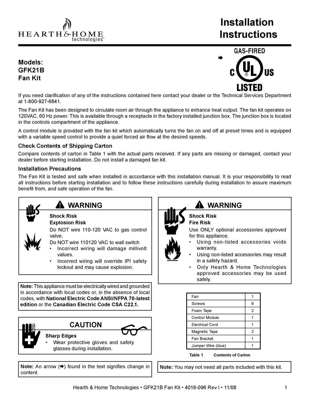 Hearth and Home Technologies GFK21B installation instructions Check Contents of Shipping Carton, Installation Precautions 