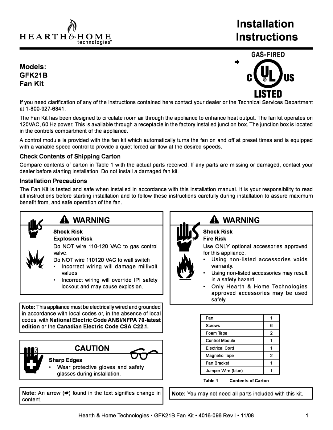 Hearth and Home Technologies GFK21B installation instructions Check Contents of Shipping Carton, Installation Precautions 