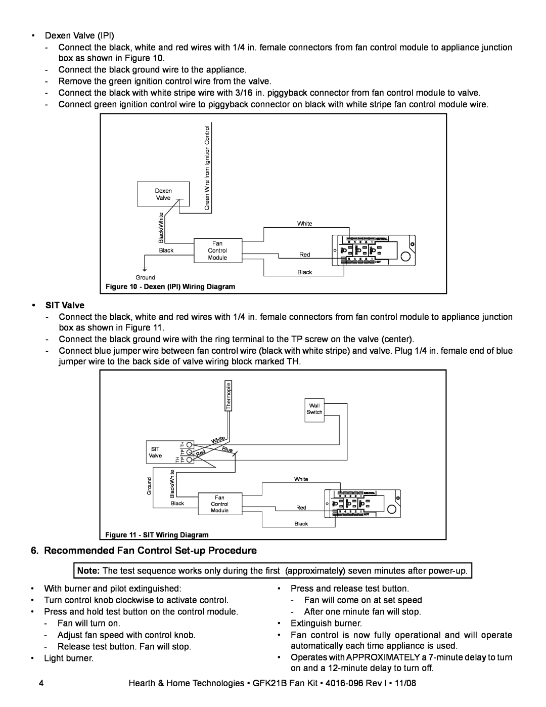 Hearth and Home Technologies GFK21B installation instructions Recommended Fan Control Set-up Procedure, SIT Valve 