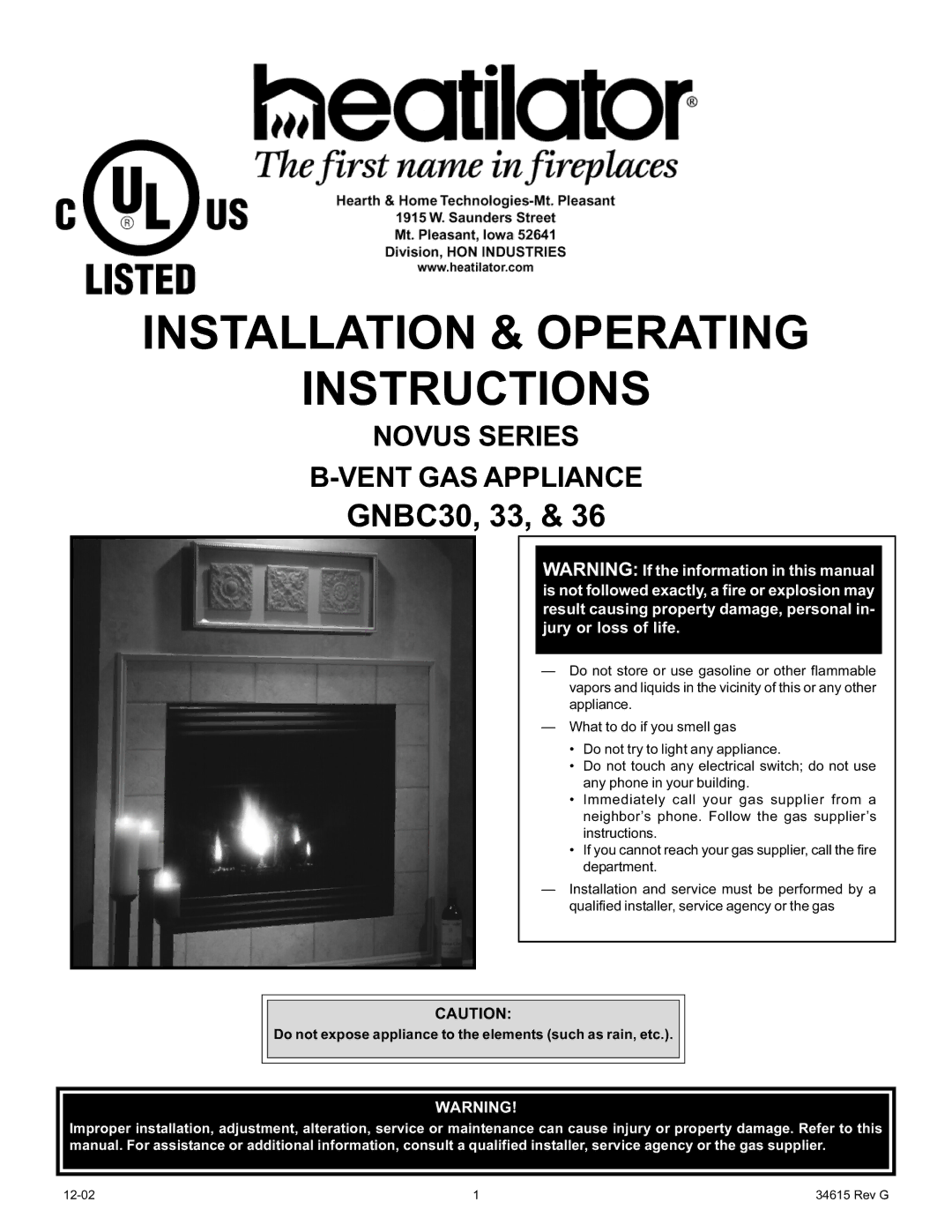 Hearth and Home Technologies GNBC36, GNBC30, GNBC33 manual Novus Series Vent GAS Appliance 