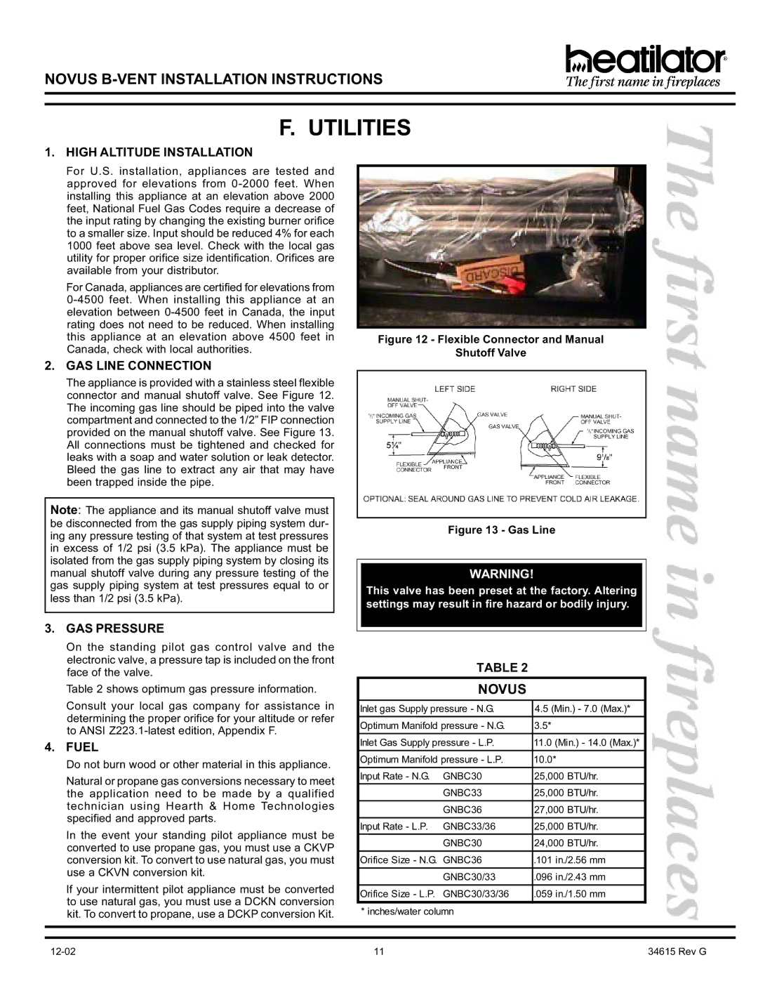 Hearth and Home Technologies GNBC33, GNBC30, GNBC36 manual Utilities, Novus 