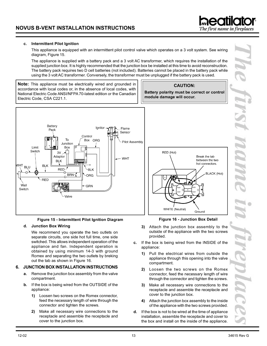 Hearth and Home Technologies GNBC36, GNBC30, GNBC33 Junction BOX Installation Instructions, Intermittent Pilot Ignition 