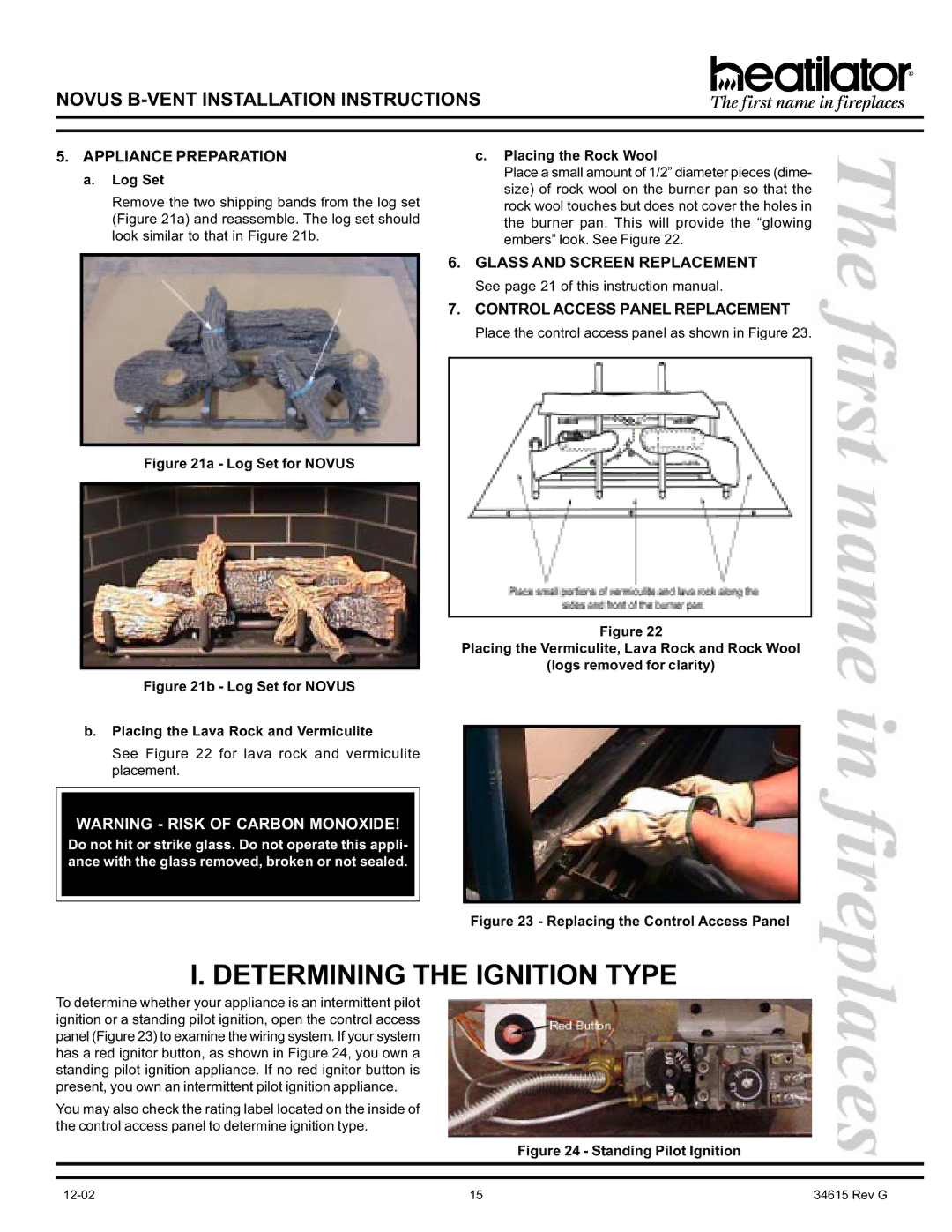 Hearth and Home Technologies GNBC30 Determining the Ignition Type, Appliance Preparation, Log Set, Placing the Rock Wool 