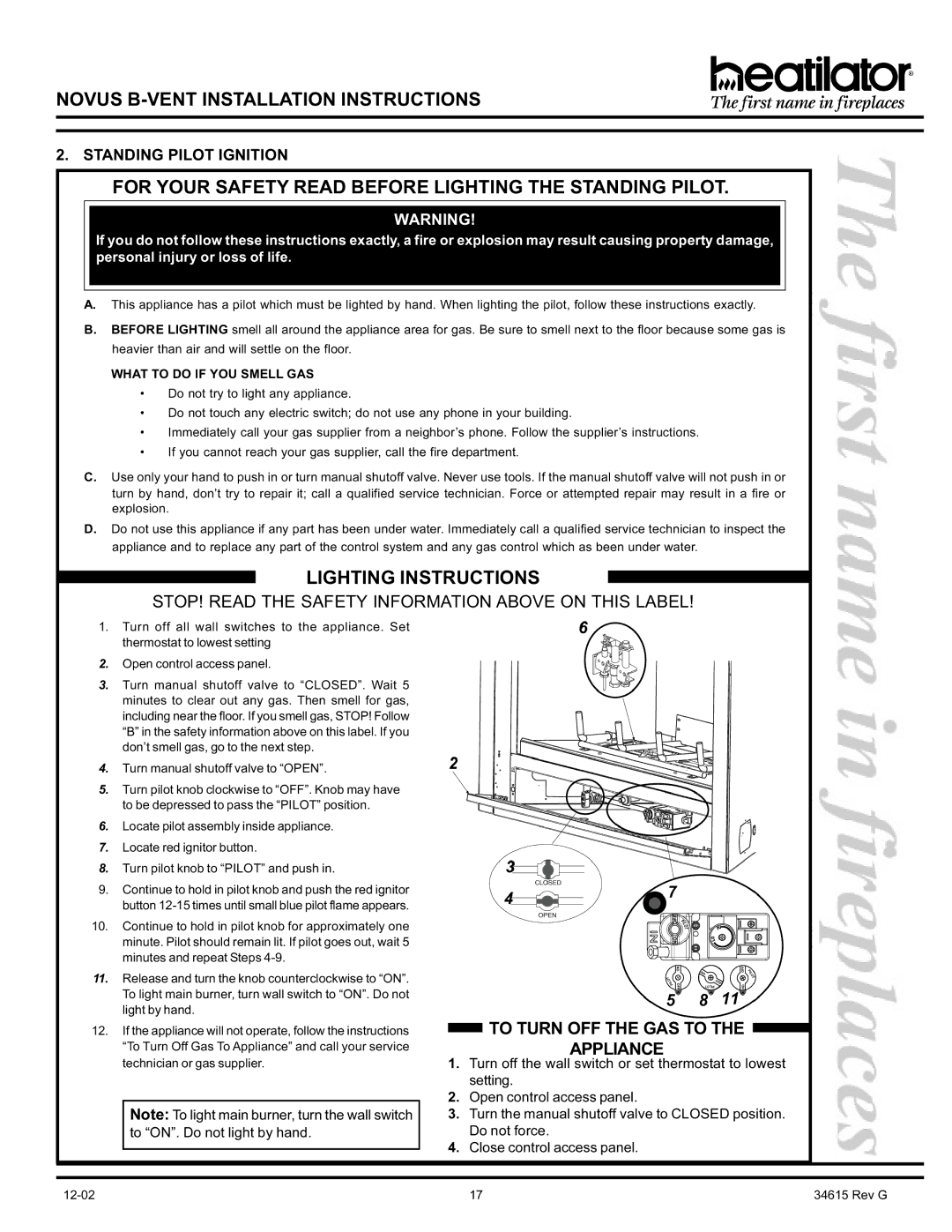 Hearth and Home Technologies GNBC33, GNBC30, GNBC36 manual To Turn OFF the GAS to Appliance, Standing Pilot Ignition 