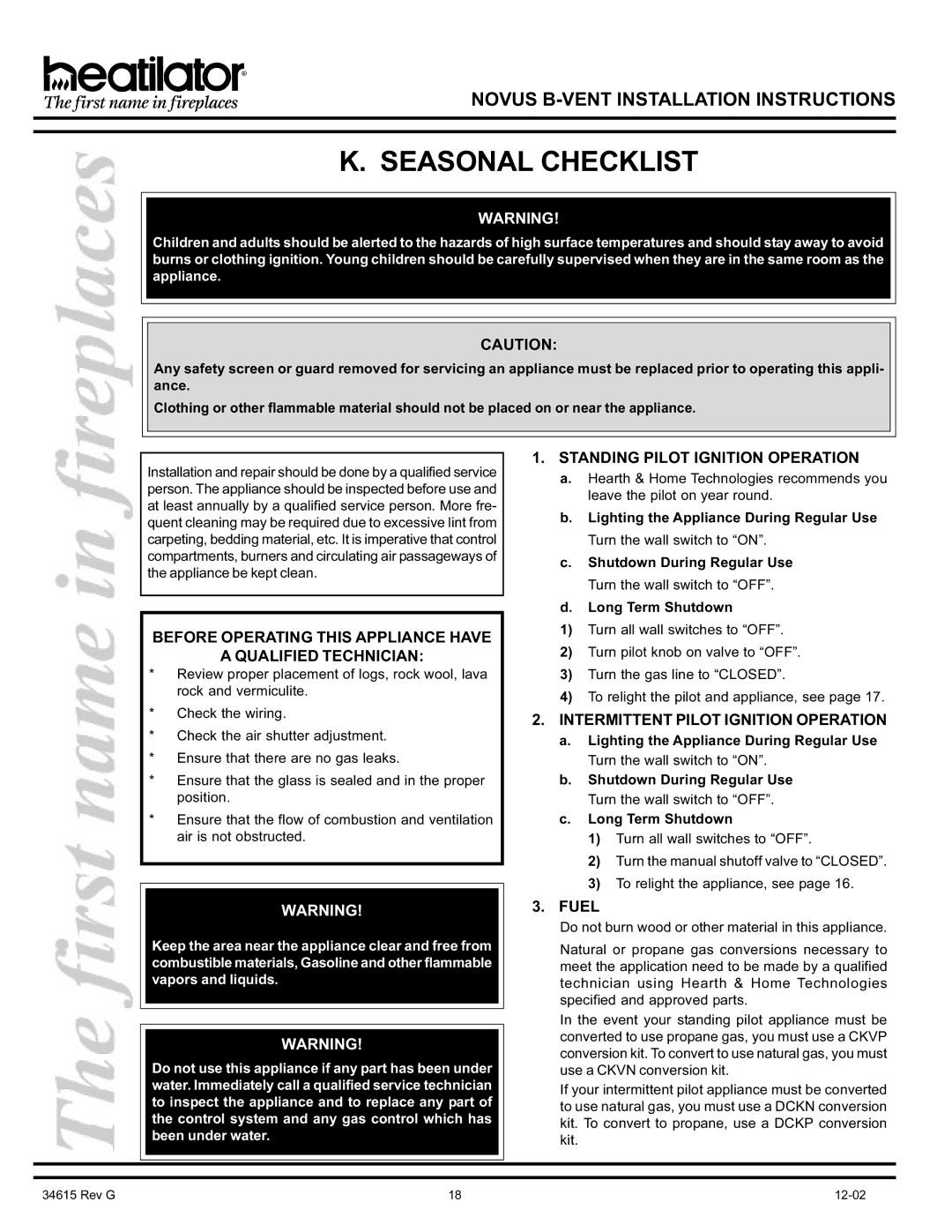 Hearth and Home Technologies GNBC30, GNBC36 Seasonal Checklist, Before Operating this Appliance have Qualified Technician 