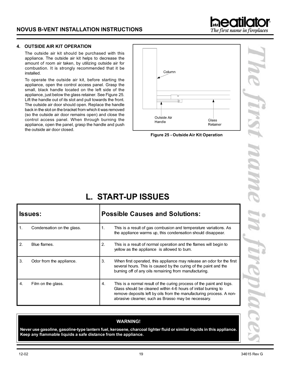 Hearth and Home Technologies GNBC36, GNBC30, GNBC33 manual START-UP Issues, Outside AIR KIT Operation 