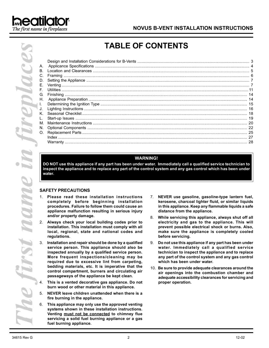 Hearth and Home Technologies GNBC33, GNBC30, GNBC36 manual Table of Contents 