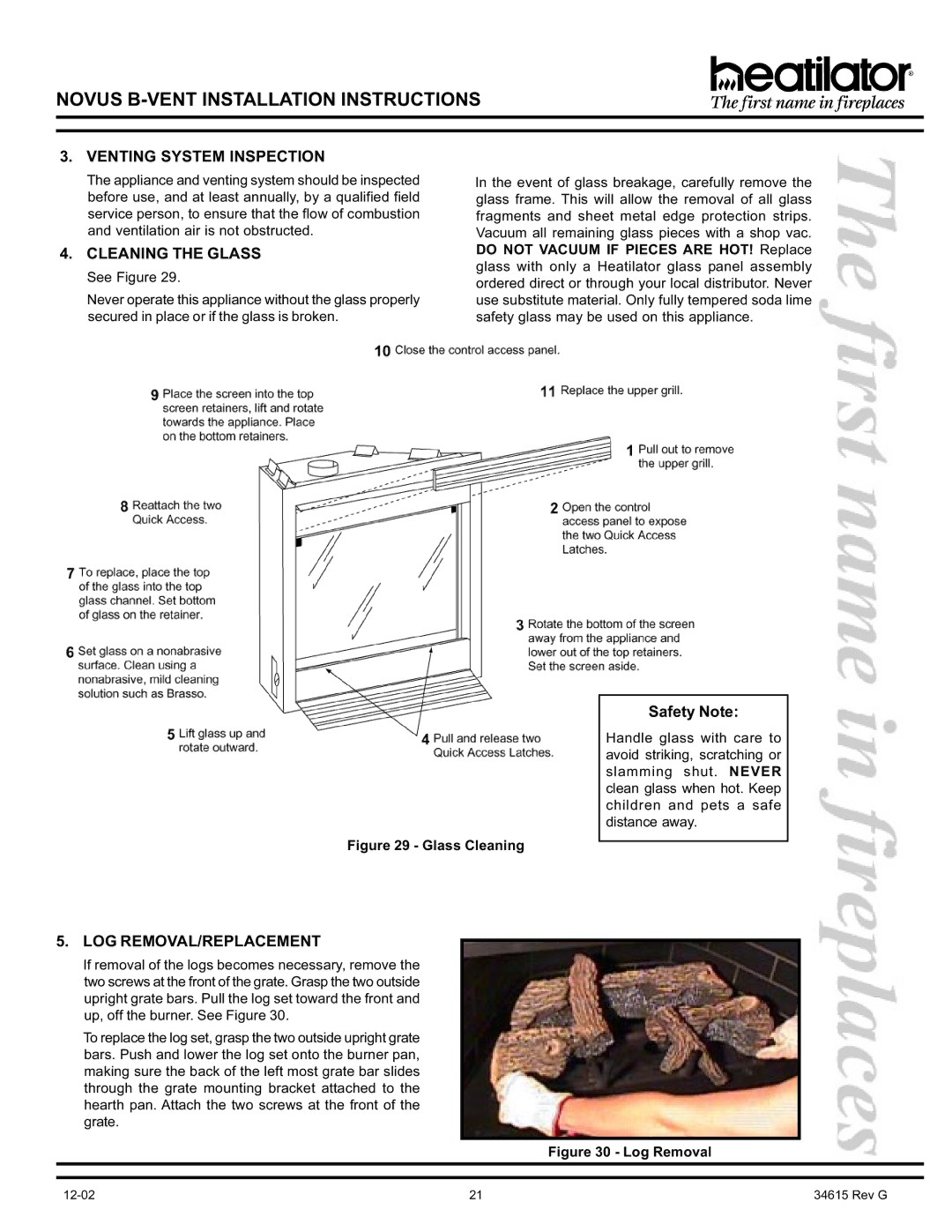 Hearth and Home Technologies GNBC30, GNBC36, GNBC33 Venting System Inspection, Cleaning the Glass, Log Removal/Replacement 