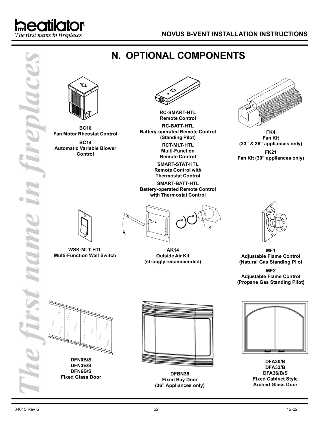 Hearth and Home Technologies GNBC36, GNBC30, GNBC33 manual Optional Components 