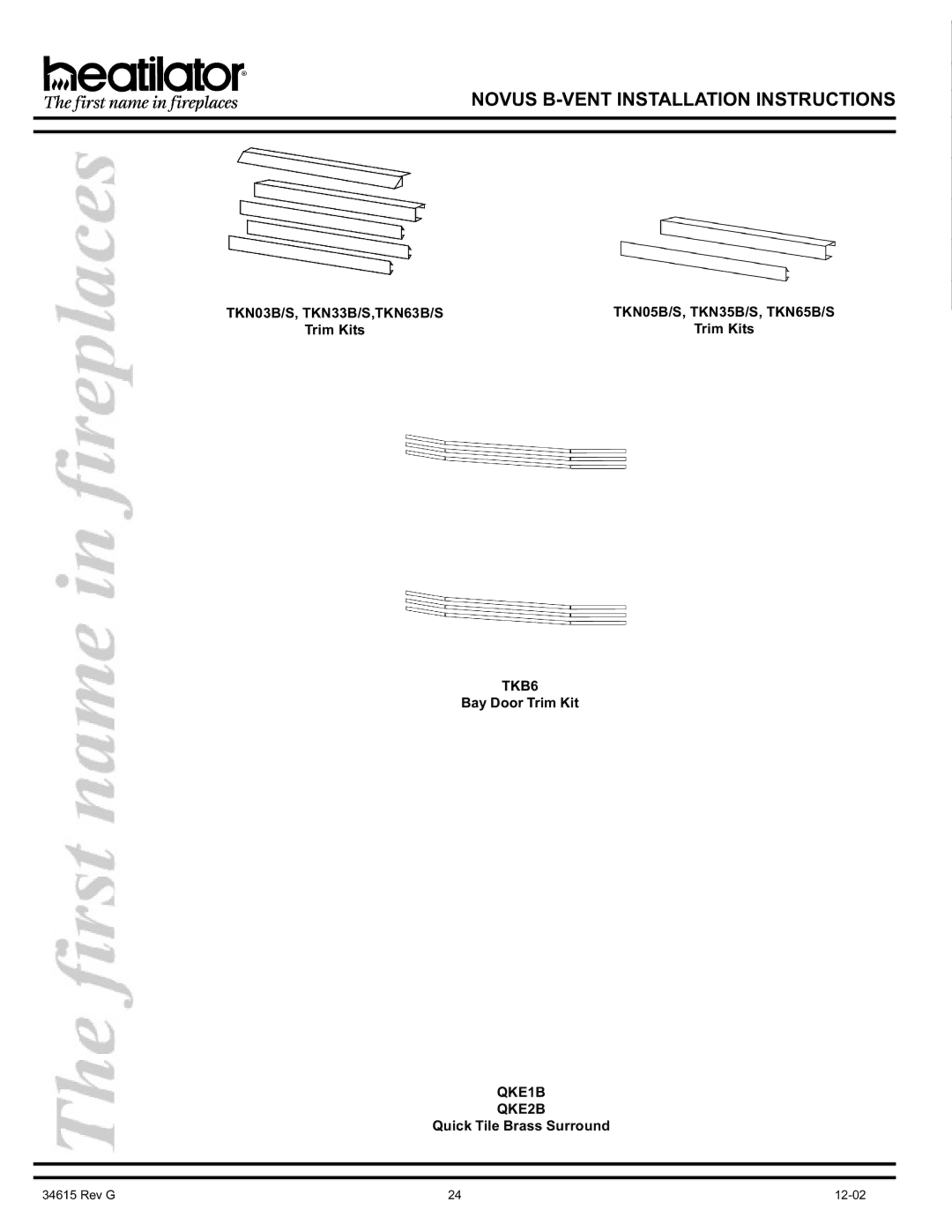 Hearth and Home Technologies GNBC30, GNBC36, GNBC33 manual Trim Kits, Bay Door Trim Kit, Quick Tile Brass Surround 